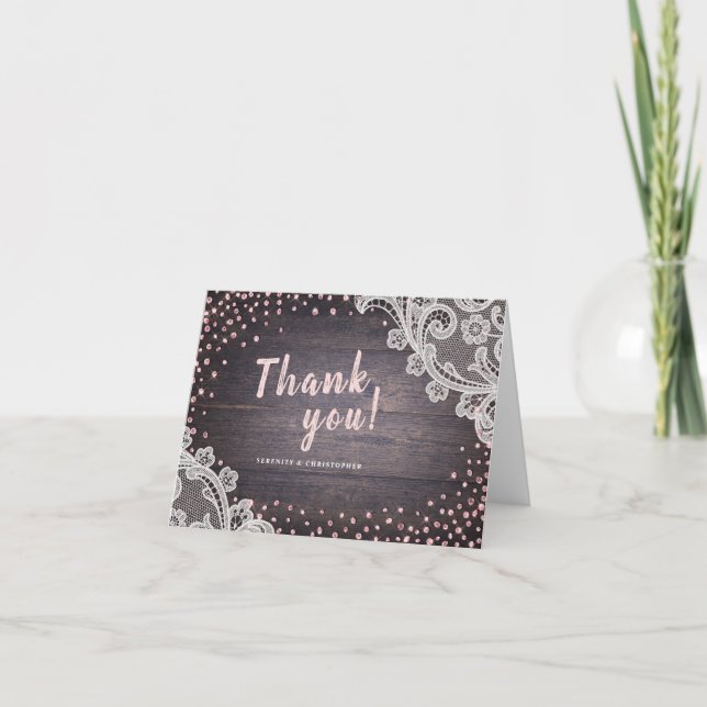 Tarjeta De Agradecimiento Purpurina  de madera de encaje boda rústico gracia (Anverso)