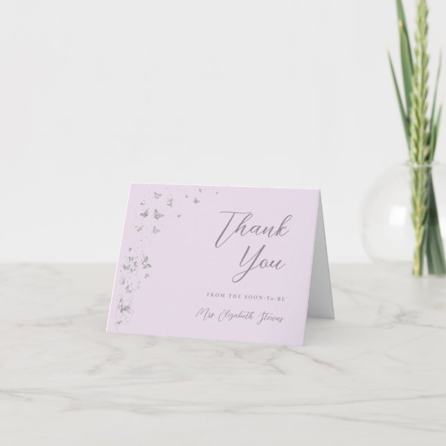 Tarjeta De Agradecimiento Purpurina de mariposas plateado ducha de novia dob (Anverso)