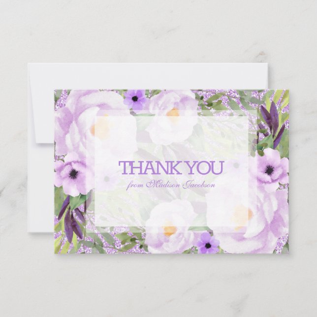 Tarjeta De Agradecimiento Purpurina de moda Morple Floral Sweet 16 Gracias (Anverso)