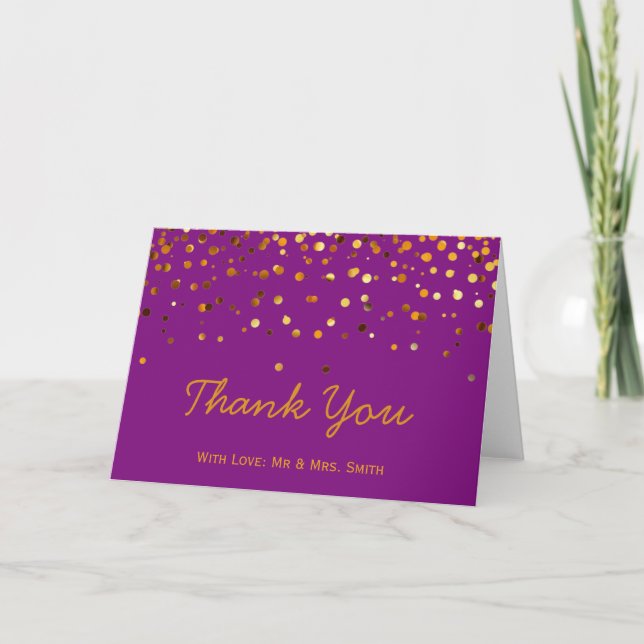 Tarjeta De Agradecimiento Purpurina de oro Confetti Sparkles Violet Gracias (Anverso)