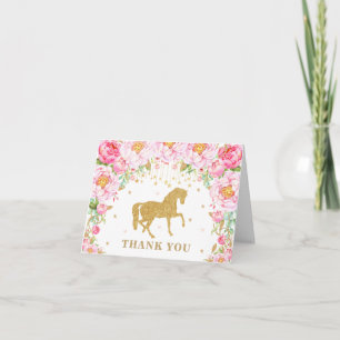 Tarjeta De Agradecimiento Purpurina de oro de caballos florales rosados Chic