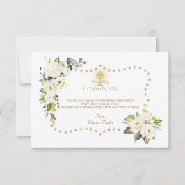 Tarjeta De Agradecimiento Purpurina de oro de flores blancas esparce comunió