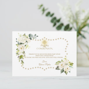 Tarjeta De Agradecimiento Purpurina de oro de flores blancas esparce comunió
