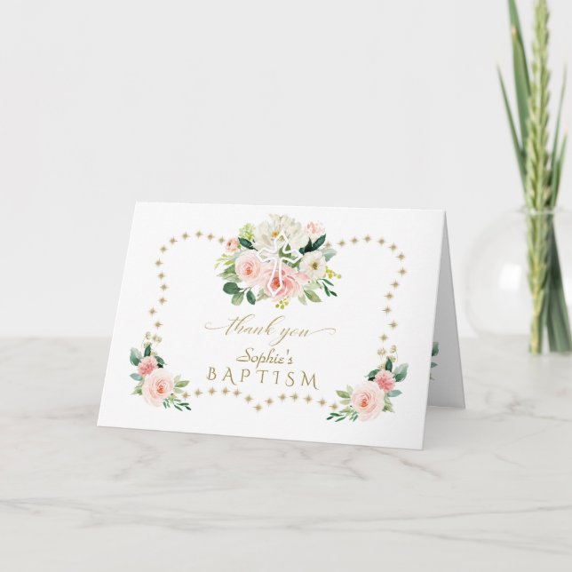 Tarjeta De Agradecimiento Purpurina de oro de flores rosas esparce el bautis (Anverso)