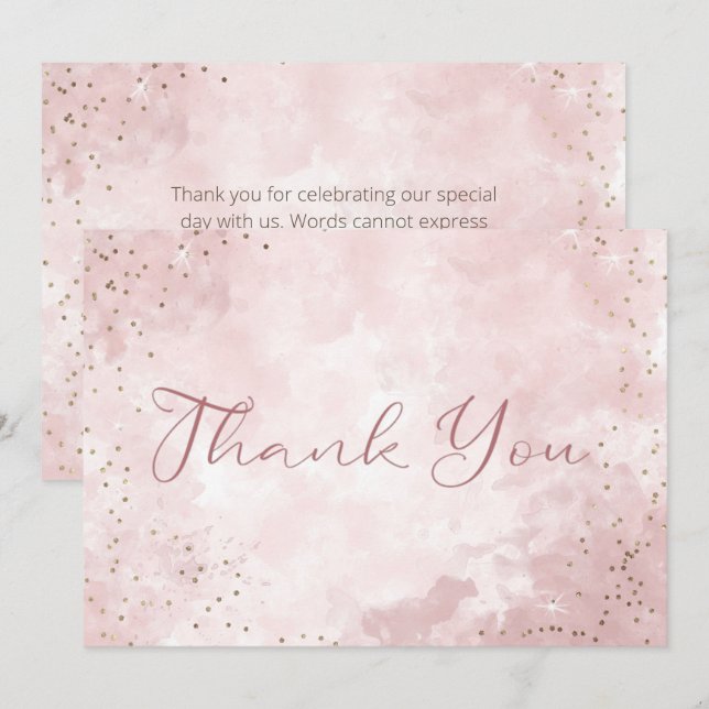 Tarjeta De Agradecimiento Purpurina de oro falso y Boda rosa moderno (Anverso / Reverso)