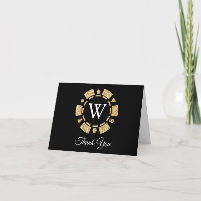 Tarjeta De Agradecimiento Purpurina de oro Monograma Poker Chip Casino Boda (Anverso)