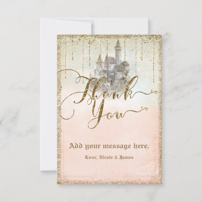 Tarjeta De Agradecimiento Purpurina de Oro Storybook Castle Boda Gracias (Anverso)
