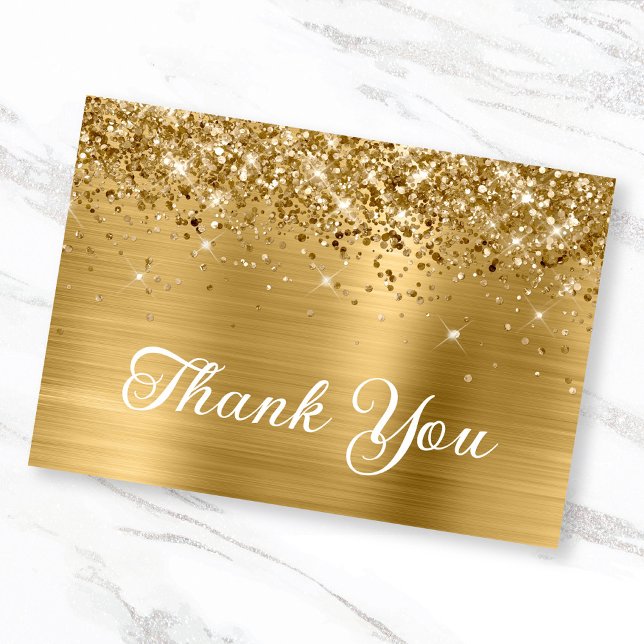 Tarjeta De Agradecimiento Purpurina de oro y Relieve metalizado 50 cumpleaño (Glittery Gold Flat Thank You Card)