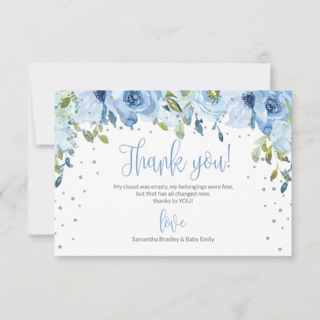 Tarjeta De Agradecimiento Purpurina de plata azul floral bebé ducha gracias (Anverso)