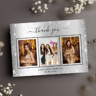 Tarjeta De Agradecimiento Purpurina de plata de cumpleaños enciende foto gla