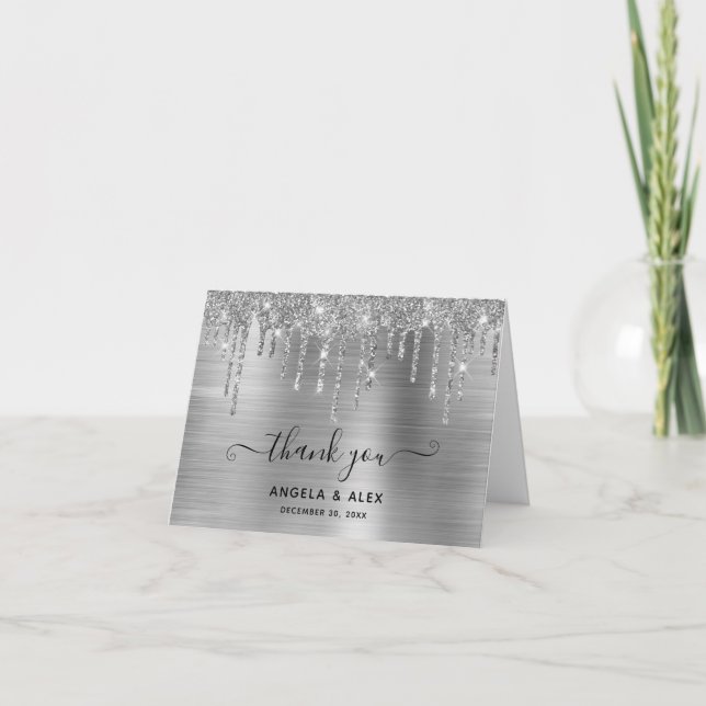 Tarjeta De Agradecimiento Purpurina de Plata Faux Dris Boda de Relieve metal (Anverso)