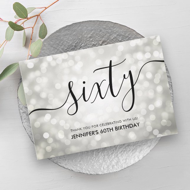 Tarjeta De Agradecimiento Purpurina de Plata Ilumina 60 cumpleaños Gracias (Silver Glitter Lights 60th Birthday Thank You)