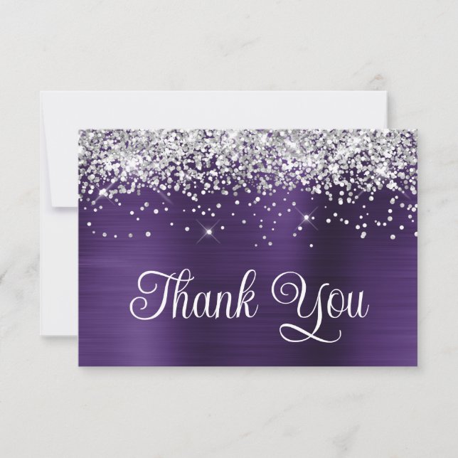 Tarjeta De Agradecimiento Purpurina de Plata Morado Violeta Oscura 60 cumple (Anverso)