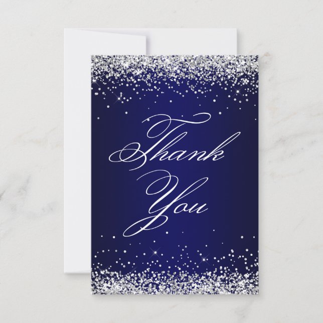 Tarjeta De Agradecimiento Purpurina de Plata Navy Ombre Elegante 40 cumpleañ (Anverso)