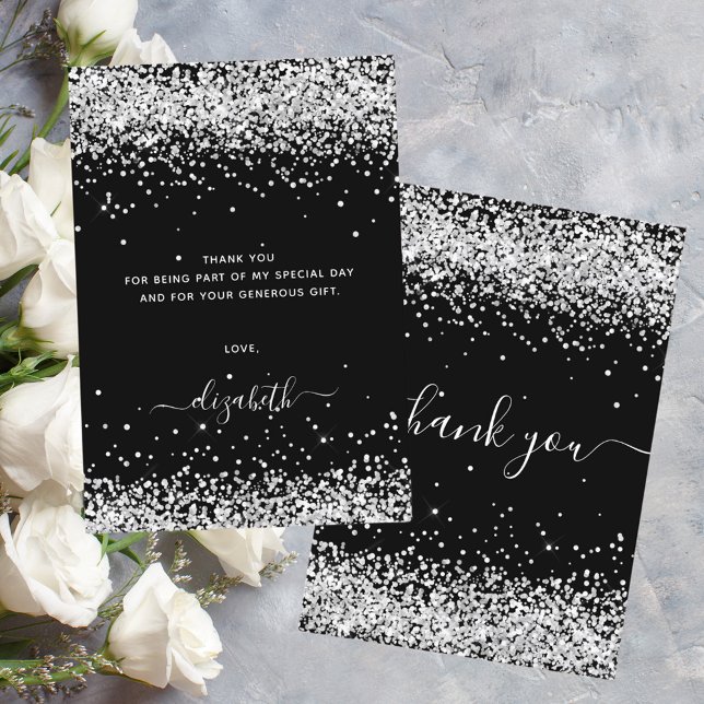 Tarjeta De Agradecimiento Purpurina de plata negra de cumpleaños, gracias (Subido por el creador)