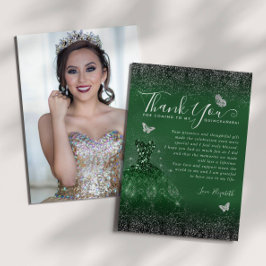 Tarjeta De Agradecimiento Purpurina de plata verde esmeralda Quinceanera Pho