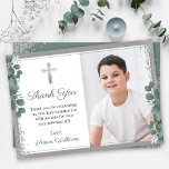 Tarjeta De Agradecimiento Purpurina de plata verde primero foto de la Santa<br><div class="desc">Purpurina de Plata Verde Primera Fotografía De Comunión Sagrada Gracias Tarjeta</div>