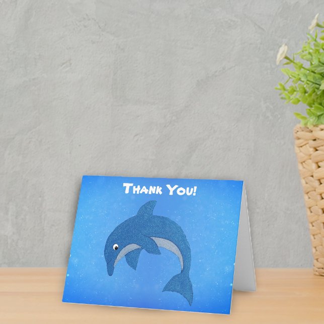 Tarjeta De Agradecimiento Purpurina de Salto Cuerdo Como Delfín Azul Persona (Glitter like jumping cute blue and white dolphin on  vibrant background of blues on Thank you card.)