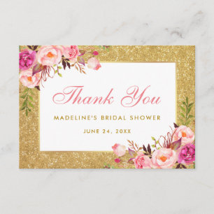 Tarjeta De Agradecimiento Purpurina dorado con flores rosas, gracias