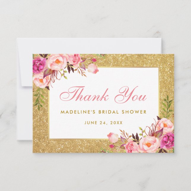 Tarjeta De Agradecimiento Purpurina dorado con flores rosas, gracias (Anverso)