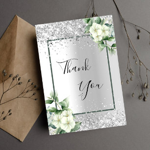 Tarjeta De Agradecimiento Purpurina floral blanco plateado elegante glamoros