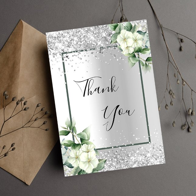 Tarjeta De Agradecimiento Purpurina floral blanco plateado elegante glamoros (Subido por el creador)