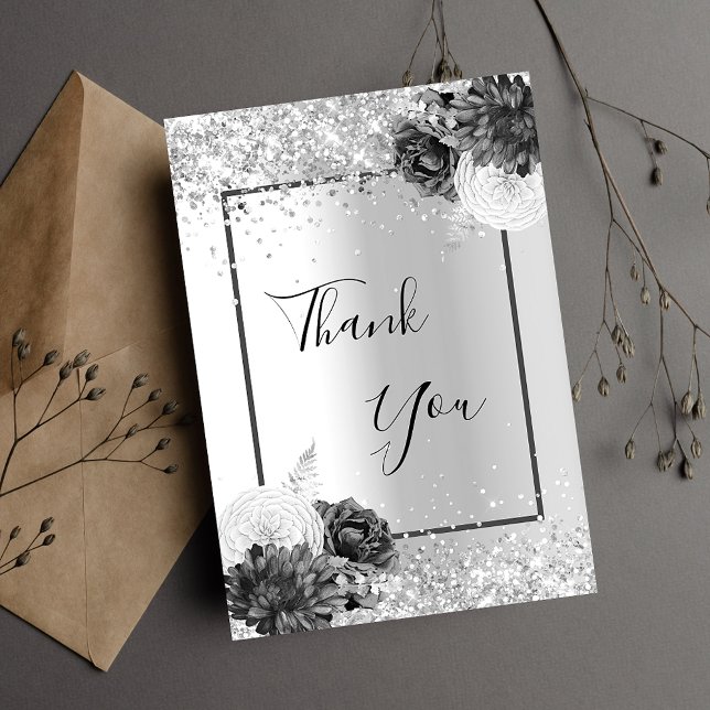 Tarjeta De Agradecimiento Purpurina floral plateado elegante glamoroso (Subido por el creador)