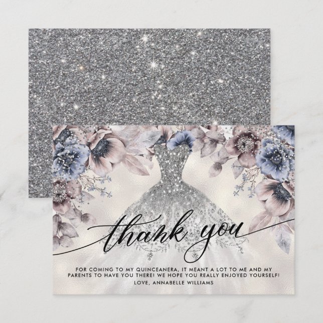 Tarjeta De Agradecimiento Purpurina Floral Quinceañera Gracias (Anverso / Reverso)