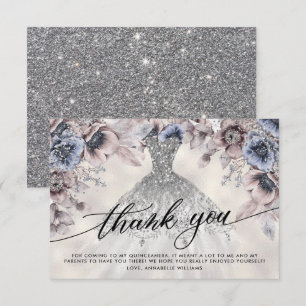 Tarjeta De Agradecimiento Purpurina Floral Quinceañera Gracias
