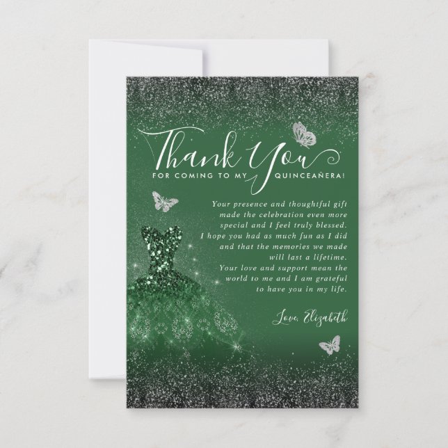 Tarjeta De Agradecimiento Purpurina Glam Emerald Green Silver Gown Quinceane (Anverso)