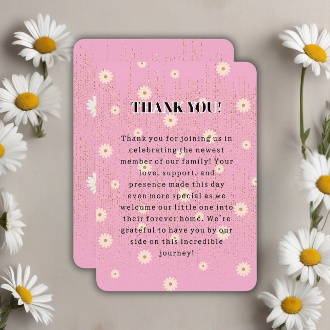 Tarjeta De Agradecimiento Purpurina Golden Daisy Rosa Glow Baby Shower (Subido por el creador)
