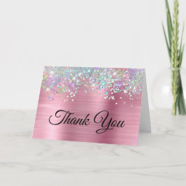 Tarjeta De Agradecimiento Purpurina Holo de Hoja Rosa Femenina