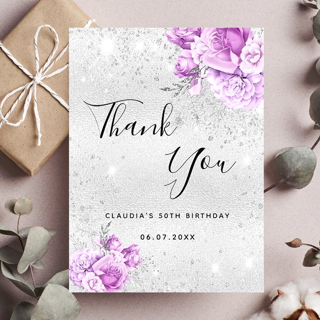 Tarjeta De Agradecimiento Purpurina morado de plata de cumpleaños floral (Subido por el creador)