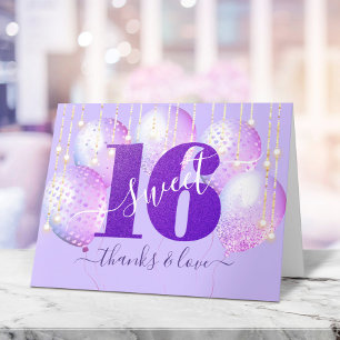 Tarjeta De Agradecimiento Purpurina morado dulce 16 globo de cumpleaños Girl