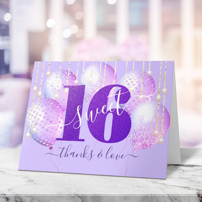 Tarjeta De Agradecimiento Purpurina morado dulce 16 globo de cumpleaños Girl (Subido por el creador)