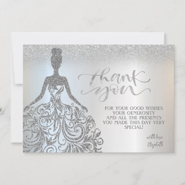 Tarjeta De Agradecimiento Purpurina plateado Bokeh Ombre, vestido (Anverso)