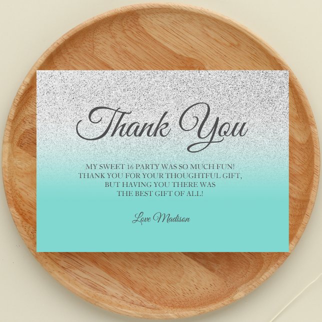 Tarjeta De Agradecimiento purpurina plateado verde azulado verde azul gracia (Teal Blue Thank You Card)