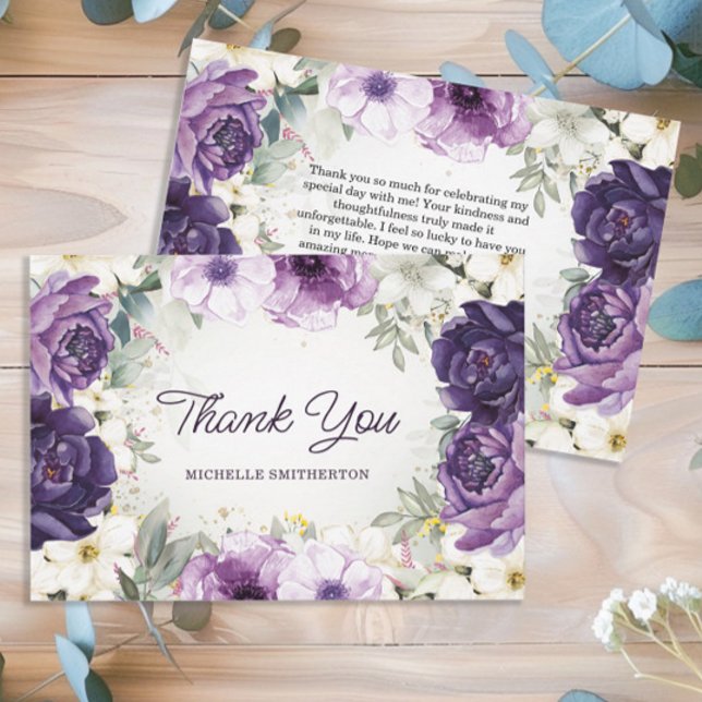 Tarjeta De Agradecimiento Purpurina Purple White Floral Cumpleaños Gracias (Purple floral birthday party "Thank you" card for women.)