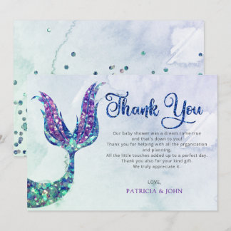 Tarjeta De Agradecimiento Purpurina púrpura Mermaid Tail Baby Shower