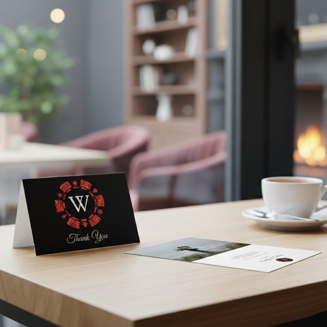 Tarjeta De Agradecimiento Purpurina Rojo Monograma Poker Chip Casino Boda (Subido por el creador)