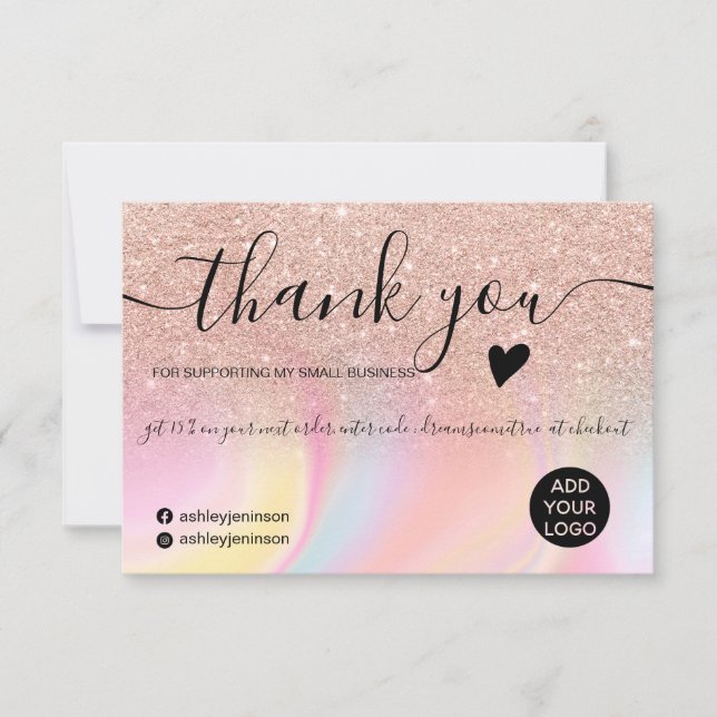 Tarjeta De Agradecimiento purpurina rosa arcoiris unicornio mármol gracias (Anverso)