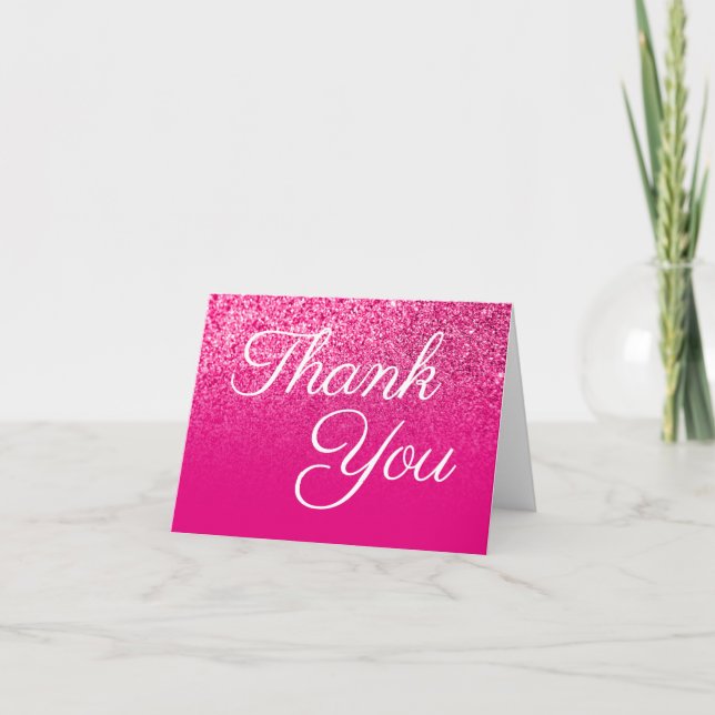 Tarjeta De Agradecimiento Purpurina rosa caliente Ombre Elegante caligrafía (Anverso)