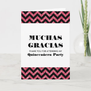 Tarjeta De Agradecimiento Purpurina Rosa Chevron Quinceañera Gracias