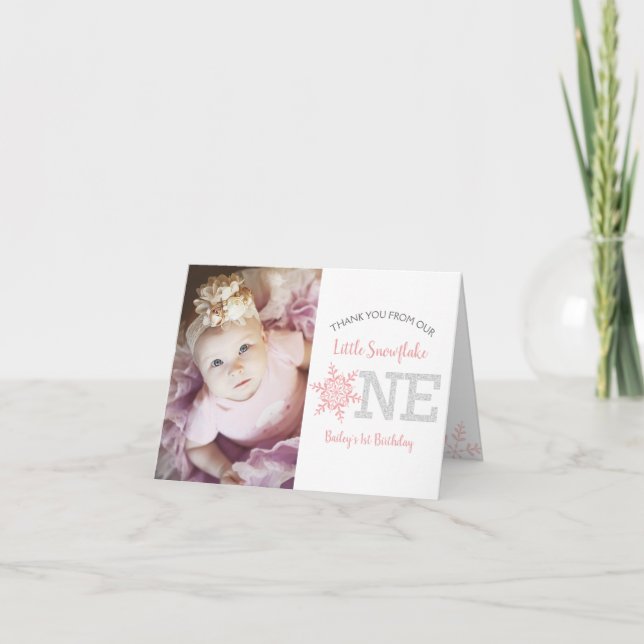 Tarjeta De Agradecimiento Purpurina Rosa de Snowflake Primer Chica de cumple (Anverso)
