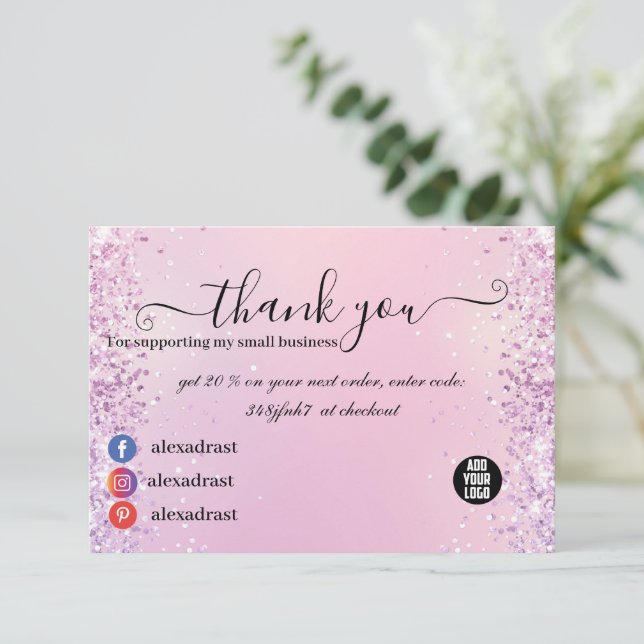 Tarjeta De Agradecimiento Purpurina rosa y morado Ombre Business Gracias (Anverso de pie)