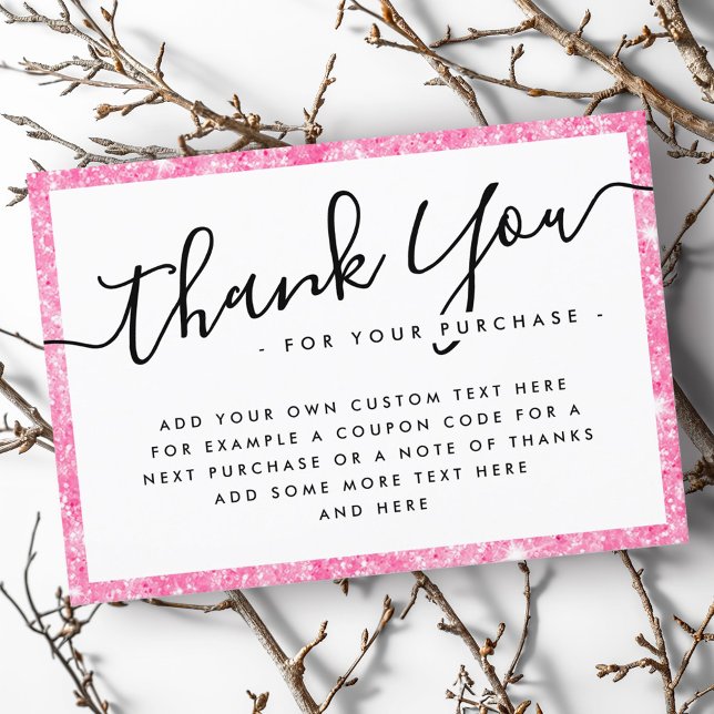 Tarjeta De Agradecimiento Purpurina rosado logotipo de negocios personalizad (Pink glitter custom logo business thank you note)