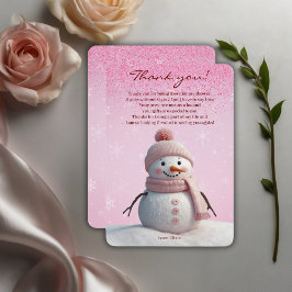 Tarjeta De Agradecimiento Purpurina rosado Winter Snowman Baby Shower