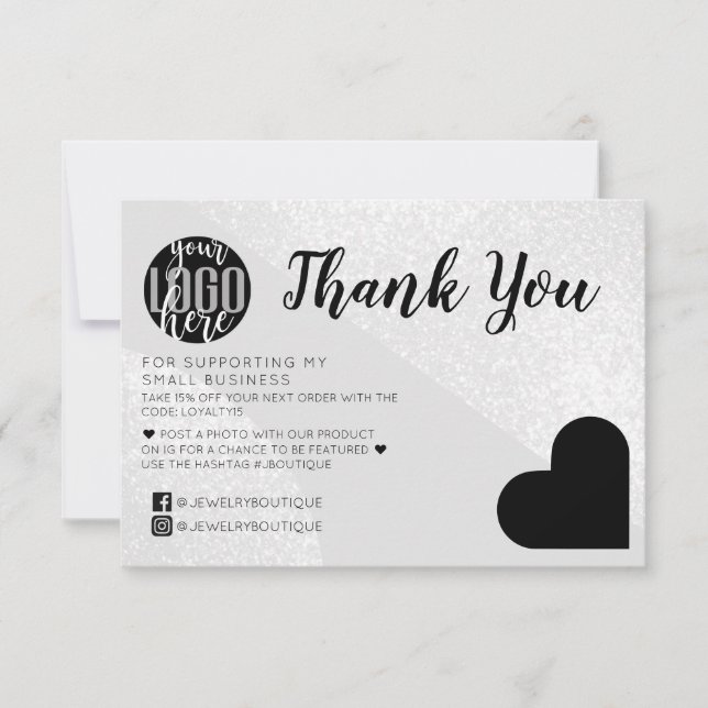 Tarjeta De Agradecimiento Purpurina Silver Geo Heart Logotipo Cliente Gracia (Anverso)