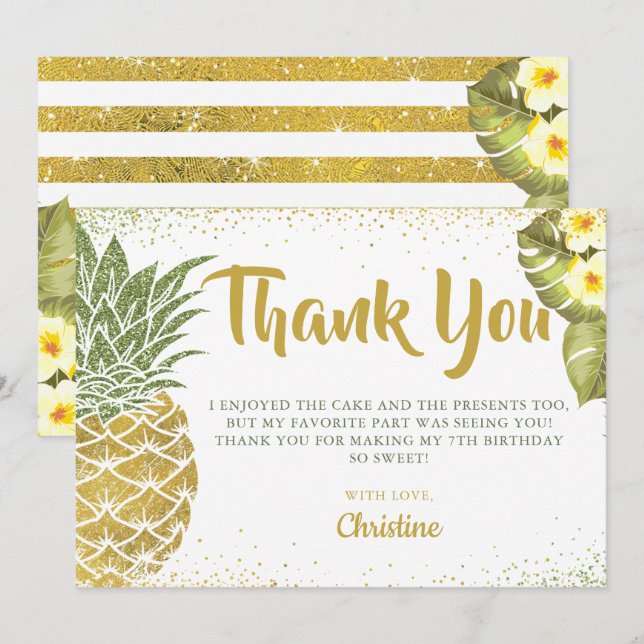 Tarjeta De Agradecimiento Purpurina Tropical de Oro Verde Pineapple Cumpleañ (Anverso / Reverso)