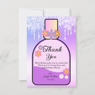 Tarjeta De Agradecimiento purpurinas de goteo morado con botella de perfume